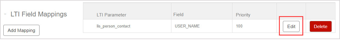 In the new row of the LTI Field Mappings table, the Edit button in the fourth column is highlighted.